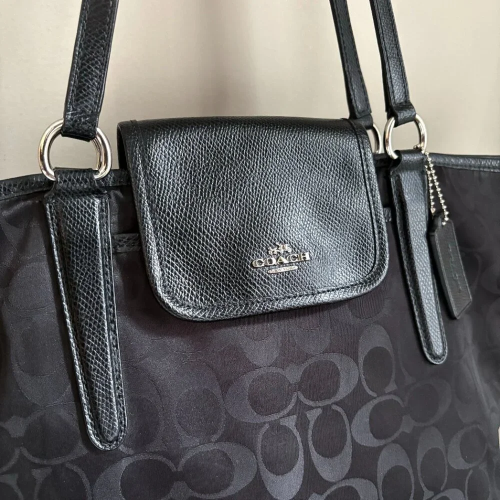 Coach Ward Tote in Signature Black Nylon w/ Leather Details